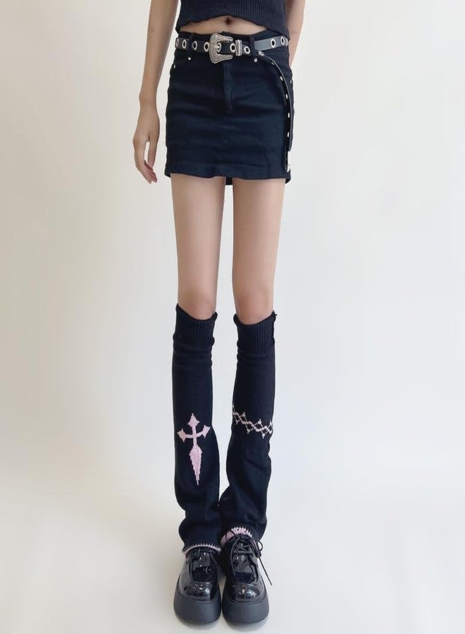OATSBAS Women Lolita Ribbed Knit Leg Warmer Kawaii JK Japanese Student Stockings Y2K Cross High Bucket (Black-pink) - Image 3